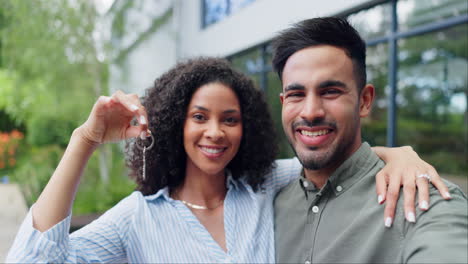 Face,-couple-and-keys-outdoor-of-new-home