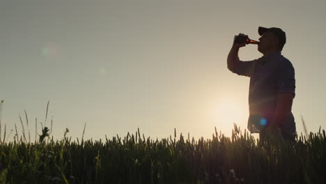 Silhouette-Eines-Mannes,-Der-Vor-Dem-Hintergrund-Eines-Weizenfeldes,-Auf-Dem-Die-Sonne-Untergeht,-Bier-Trinkt