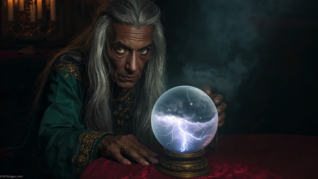 Fulmini interni pulsanti che spingono l'uomo in veste ornata a studiare la sfera sul tavolo nella stanza, con fumo che si alza