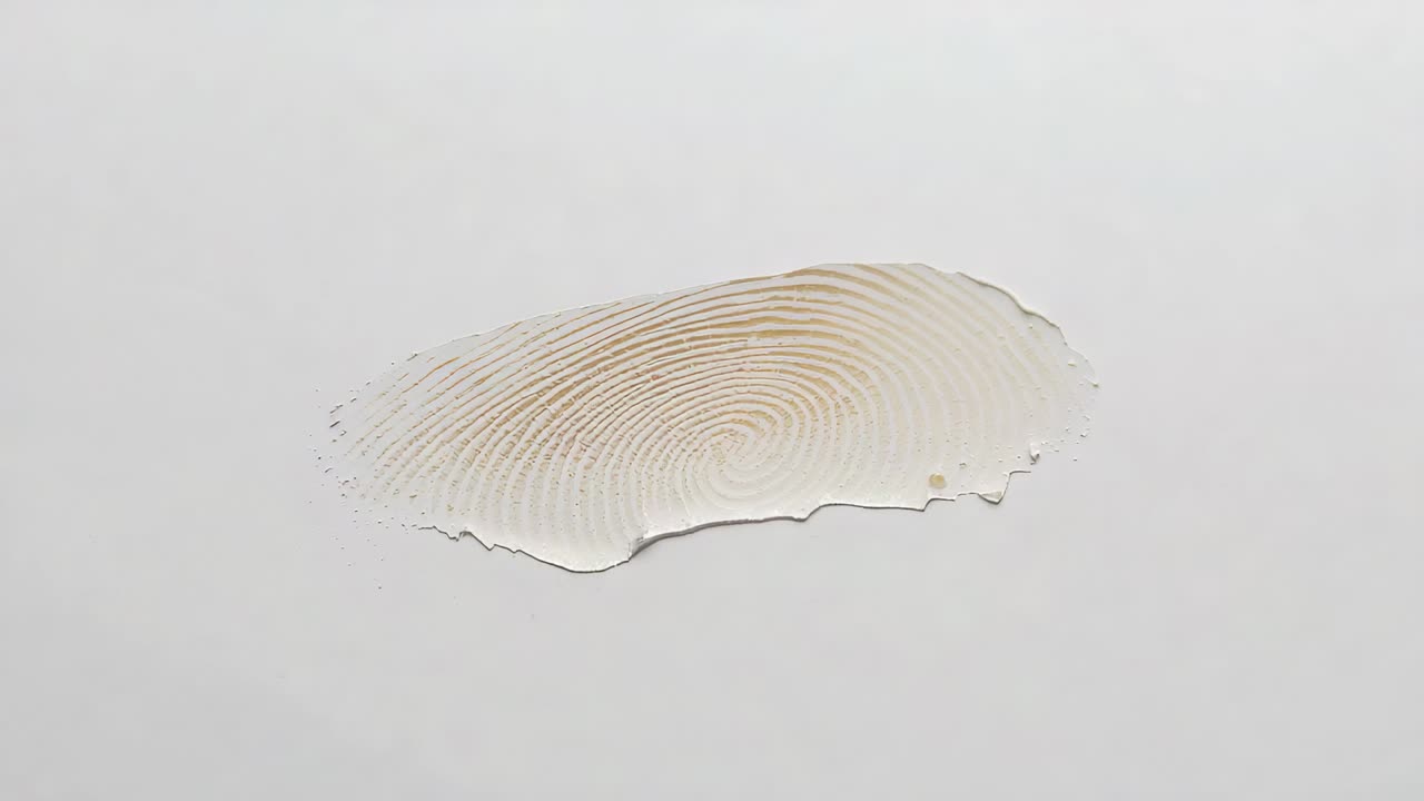 Shifting beige fingerprint liquid smear showing ridges and drops with light shifting on white panel