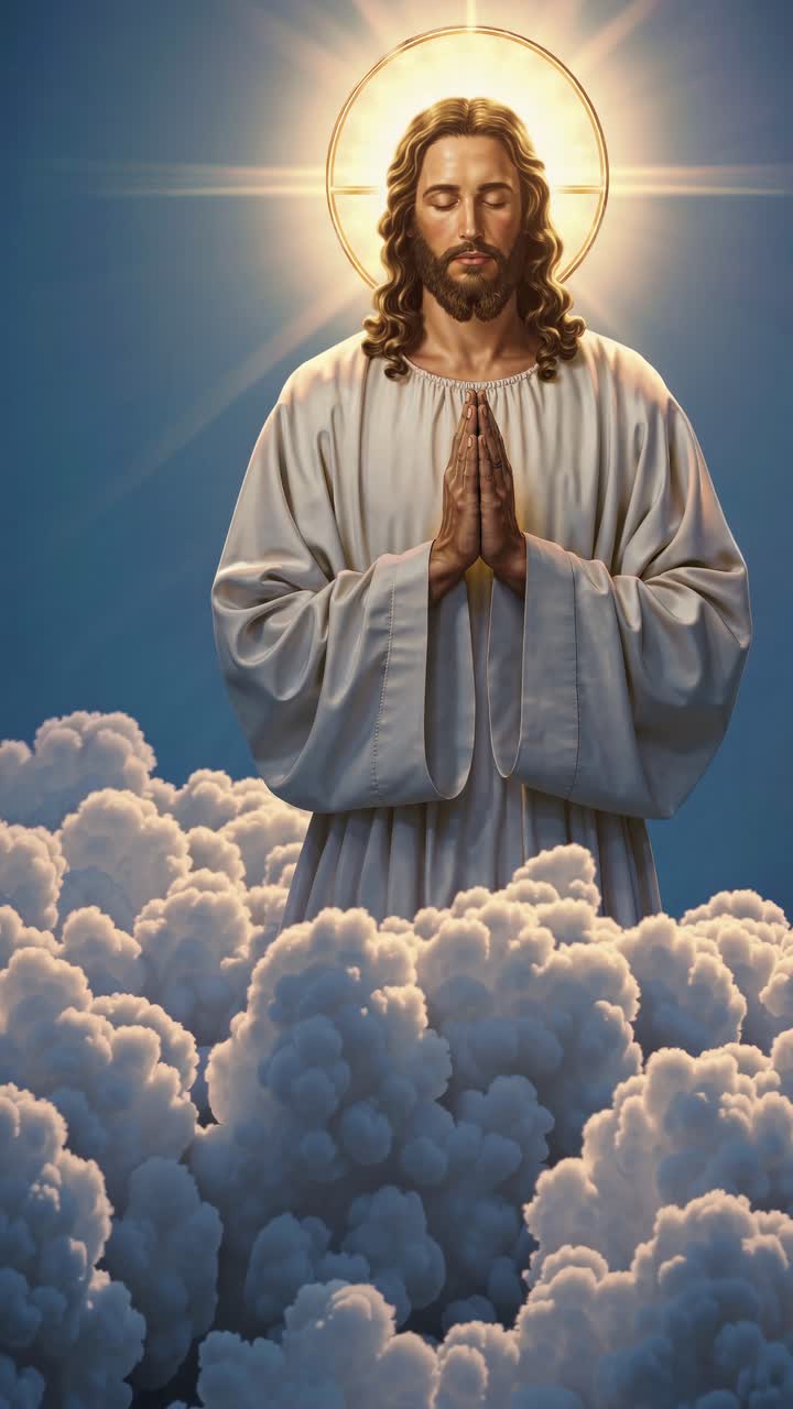 A divine figure with a halo, hands in prayer, emerges from clouds