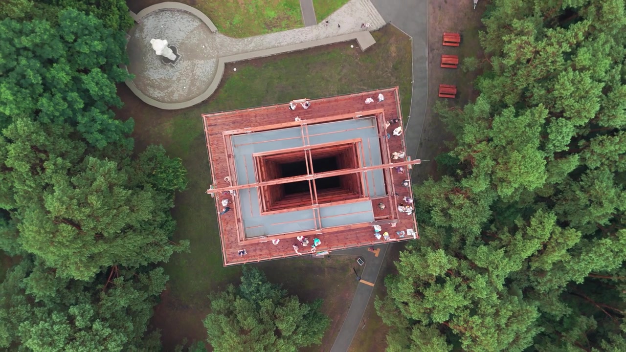 Una ripresa cinematografica dall'alto con drone di una moderna torre di avvistamento in legno circondata da lussureggianti pini verdi, con turisti sul ponte di osservazione.