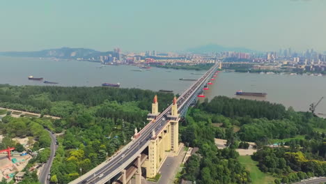 aerial shot over great bridge in the city