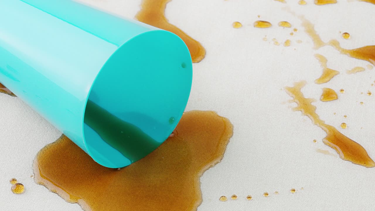Camera moves to reveal brown soda pooling under blue cup on light fabric