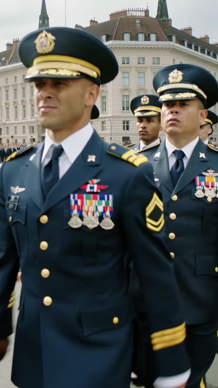 Vertical video: Marching sergeant leading officer past building on parade for event, copy space