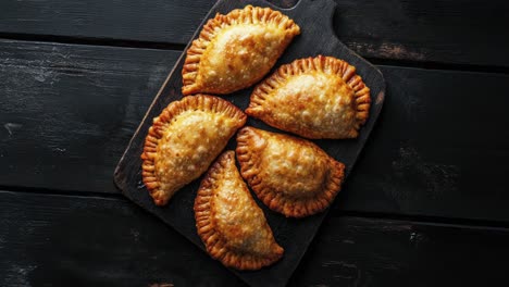 close up of golden brown empanadas on a cutting board