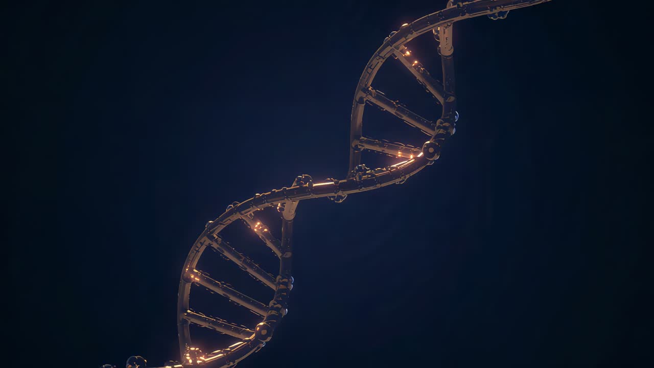 Rotating DNA helix, frames advancing, shifting in navy field, amber beads pulsing showing highlight