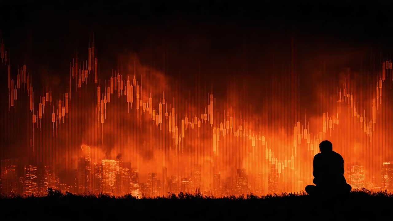 A solitary figure sits in contemplation as fiery trends and patterns radiate from the city skyline, symbolizing volatility and transformation in financial markets