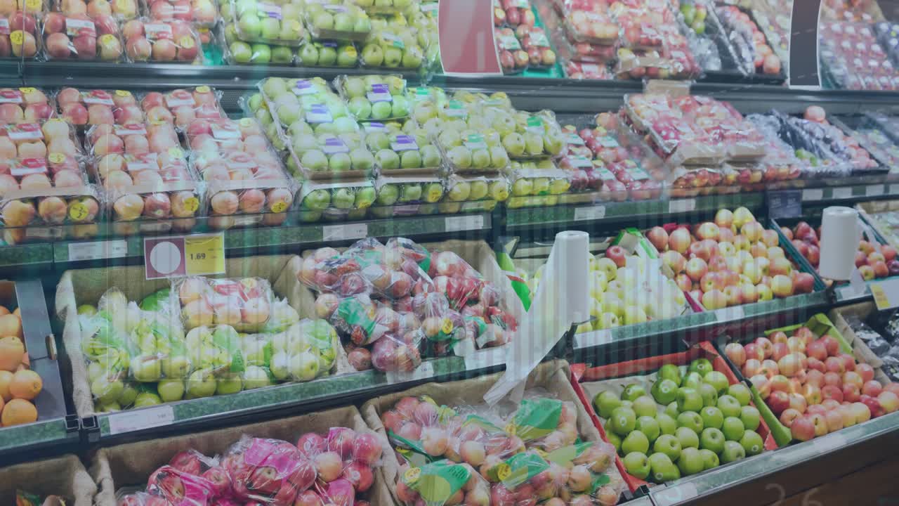 animación de datos financieros y gráficos sobre frutas y verduras en el mercado