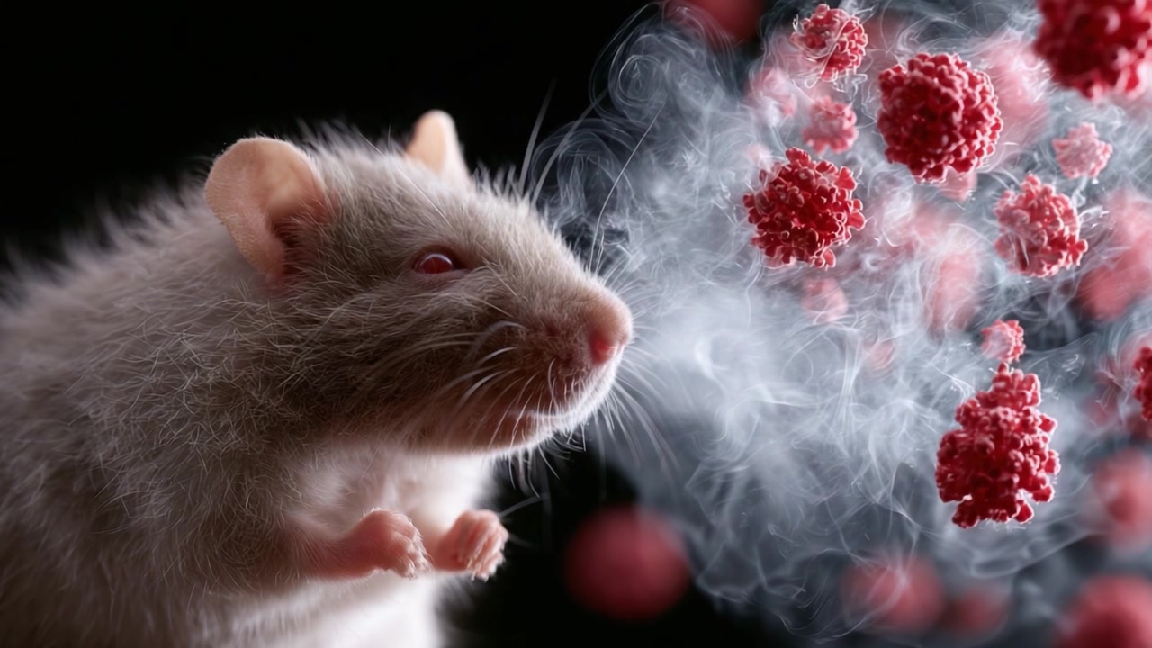 A detailed view of a small mouse exhaling a cloud of vibrant red particles, showcasing an interesting interplay of biology and imaginative depiction of particles in motion.