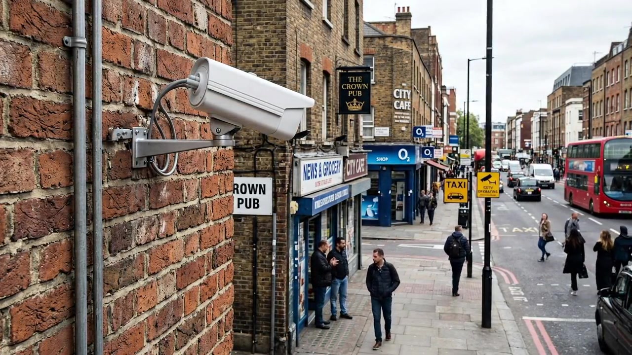 Telecamera di sicurezza montata su un muro di mattoni che si affaccia su una trafficata strada di Londra