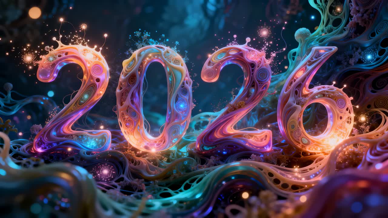 Zooming camera revealing 2026 numerals pulsing and sparking against teal backdrop for focus