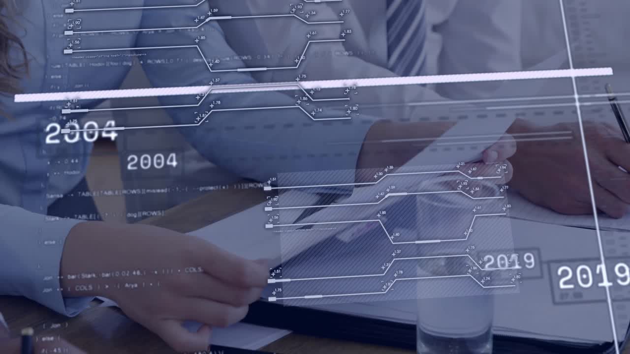 Overlay sweeping years driving coworkers writing and flipping charts for business timeline analysis