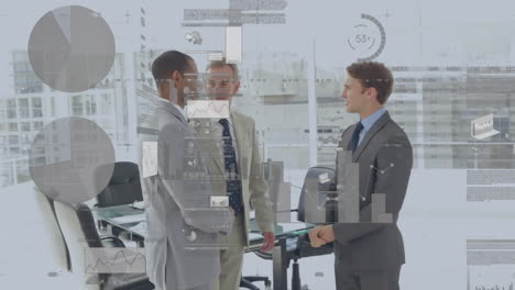 animation of data processing and diagrams over caucasian businessmen talking