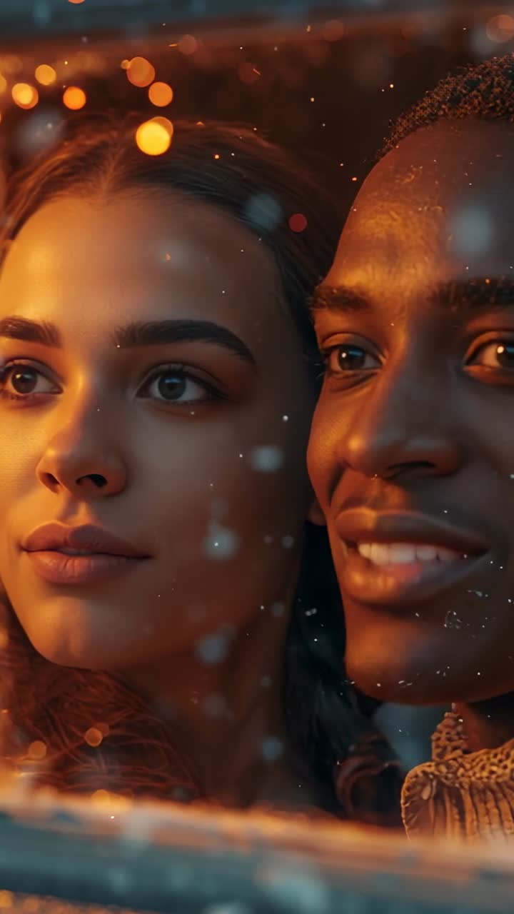 Vertical video: Speaking man engaging woman in fur coat by frosted window, with bokeh lights