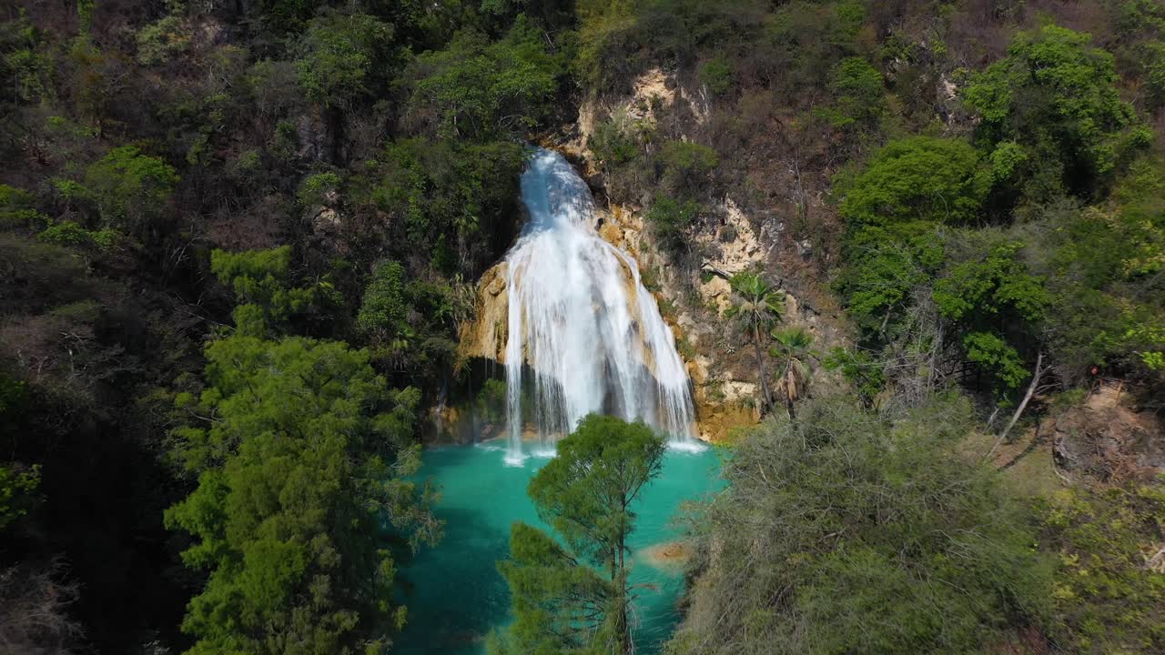 Cascata tropicale nella giungla in un paesaggio di foresta pluviale esotica, veduta aerea 4K