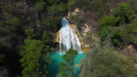 Tropical-waterfall-jungle-in-exotic-rainforest-landscape,-4K-aerial-view