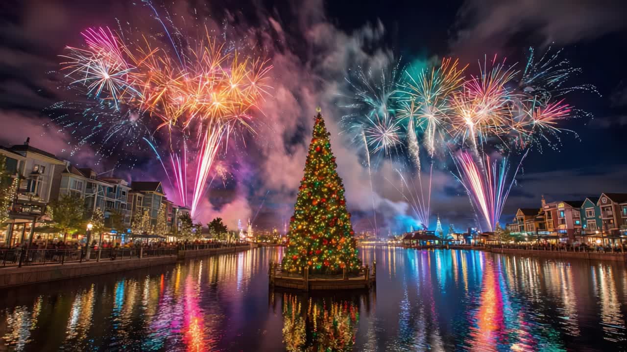 Vibrant New Year's Eve Celebration with Spectacular Fireworks Illuminating a Festively Decorated Christmas Tree Reflected on a Serene Waterfront