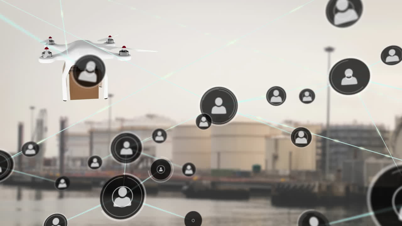 Animazione di icone connesse su un drone che trasporta una scatola di cartone sullo sfondo di edifici moderni