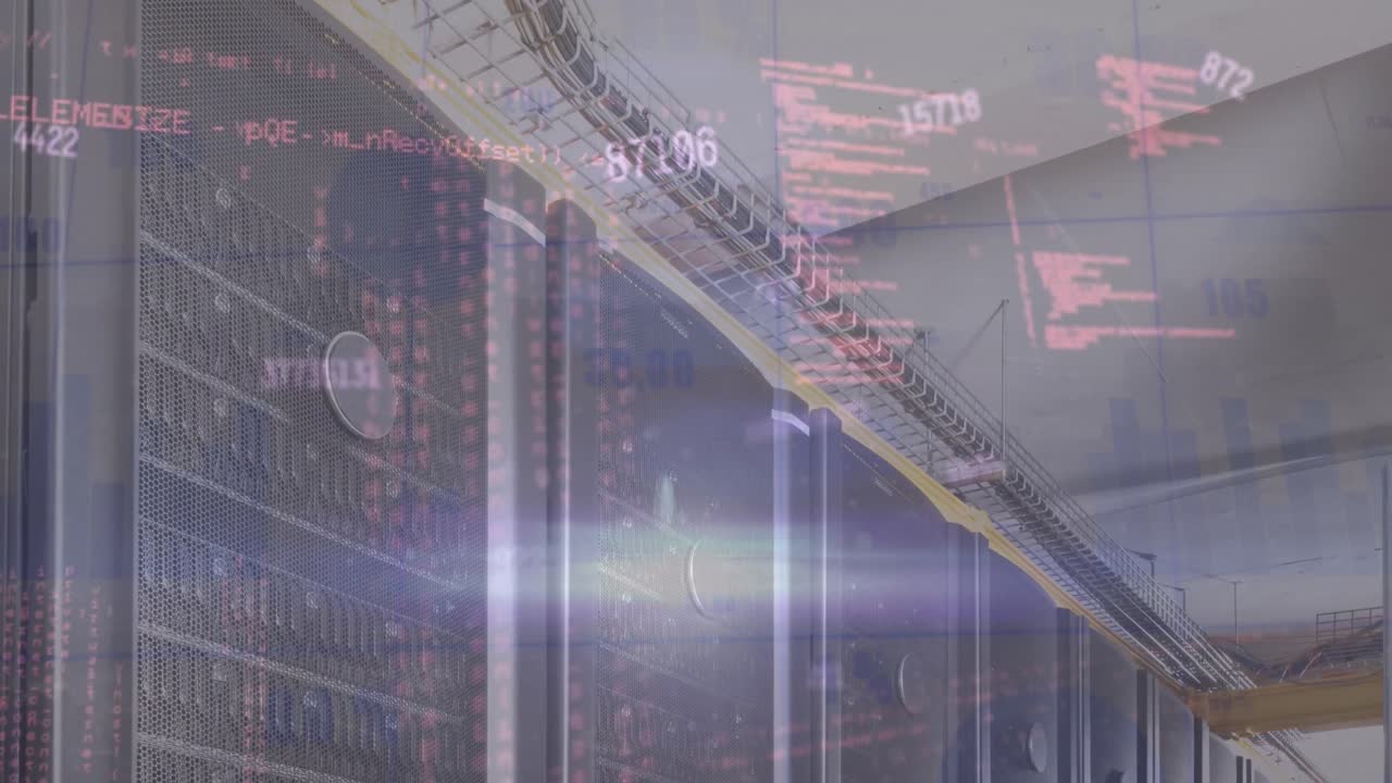 animación de múltiples números cambiantes y procesamiento de datos contra la sala de servidores de computadoras