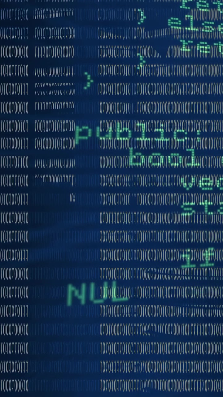 Vertical video: After cursor flicker green code scrolling and flashing to reveal binary-backed log