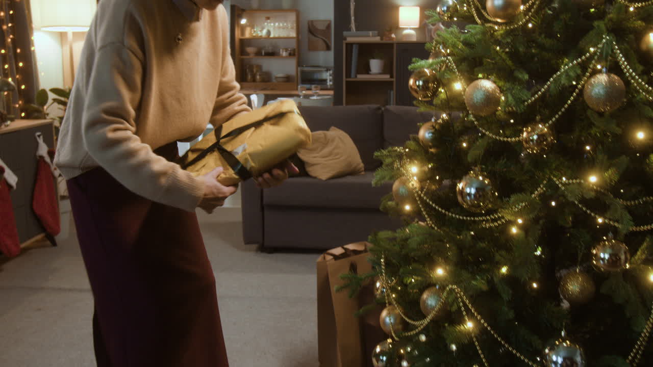 Grandmother putting presents under the Christmas tree
