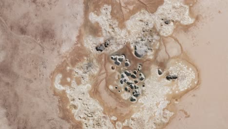 Volcanic-terrain-in-Iceland-with-fumarole-mud-pots-at-famous-Hverir,-aerial