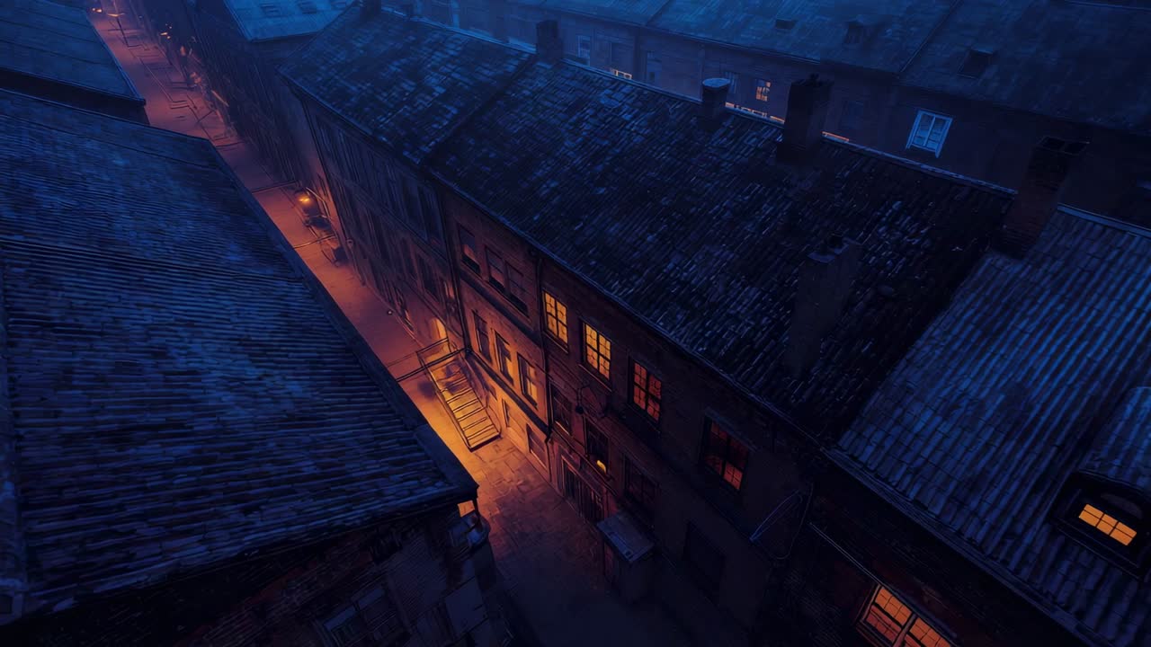 Showing bird's-eye perspective capturing narrow cobblestone alley at night, with glowing streetlamp