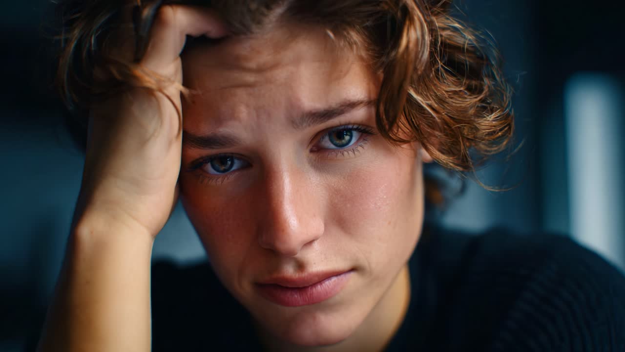 Ritratto emozionale che cattura introspezione e contemplazione attraverso espressioni facciali e stati d'animo unici durante un momento di riflessione e vulnerabilità