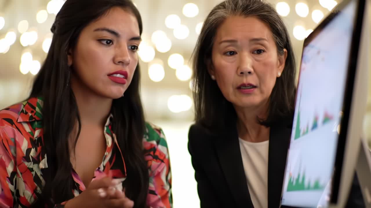 Two Professional Women Analyzing Data Together in a Collaborative Environment While Engaging in Insightful Conversation and Reviewing Graphs on a Computer Screen