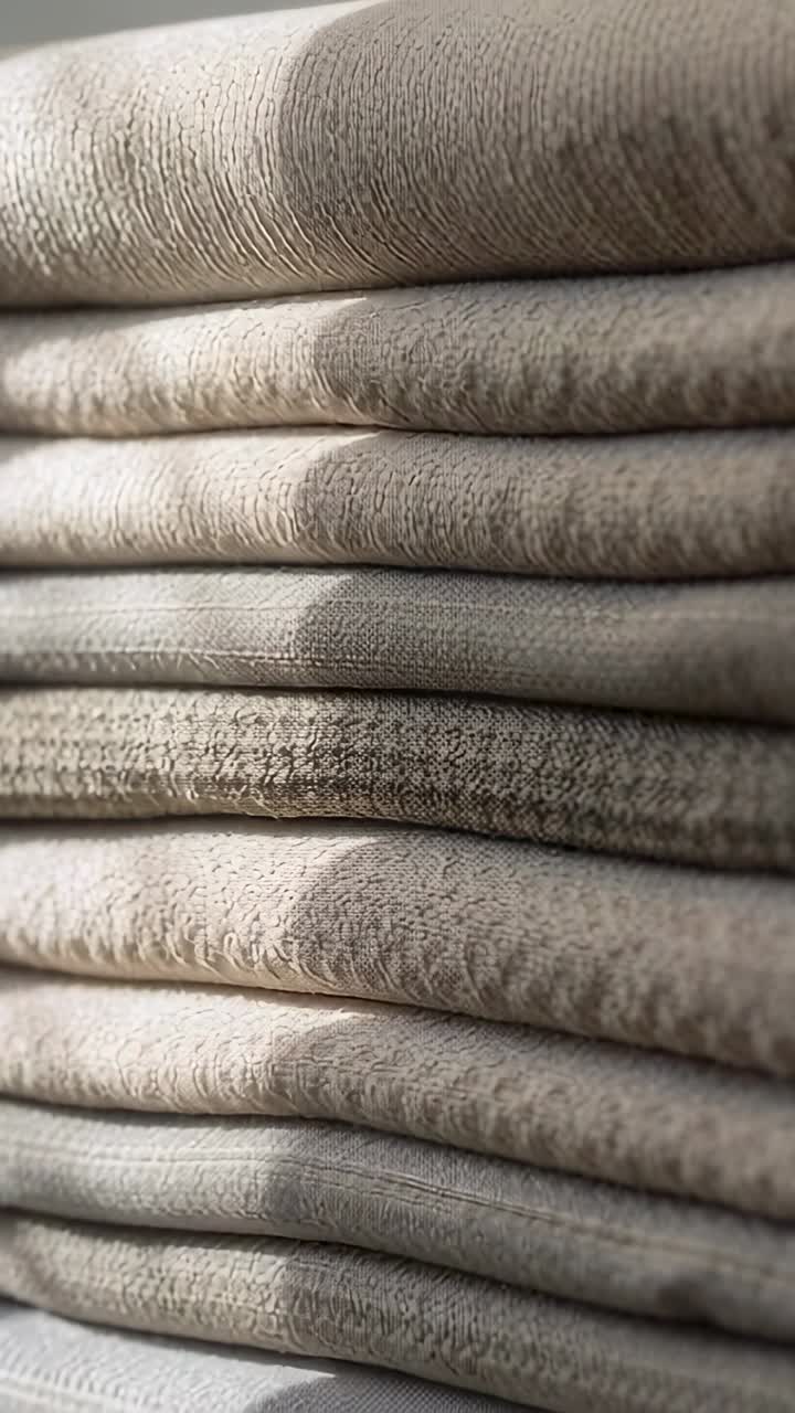 Vertical video: Light shifting across pile, camera moving by window, revealing linen texture