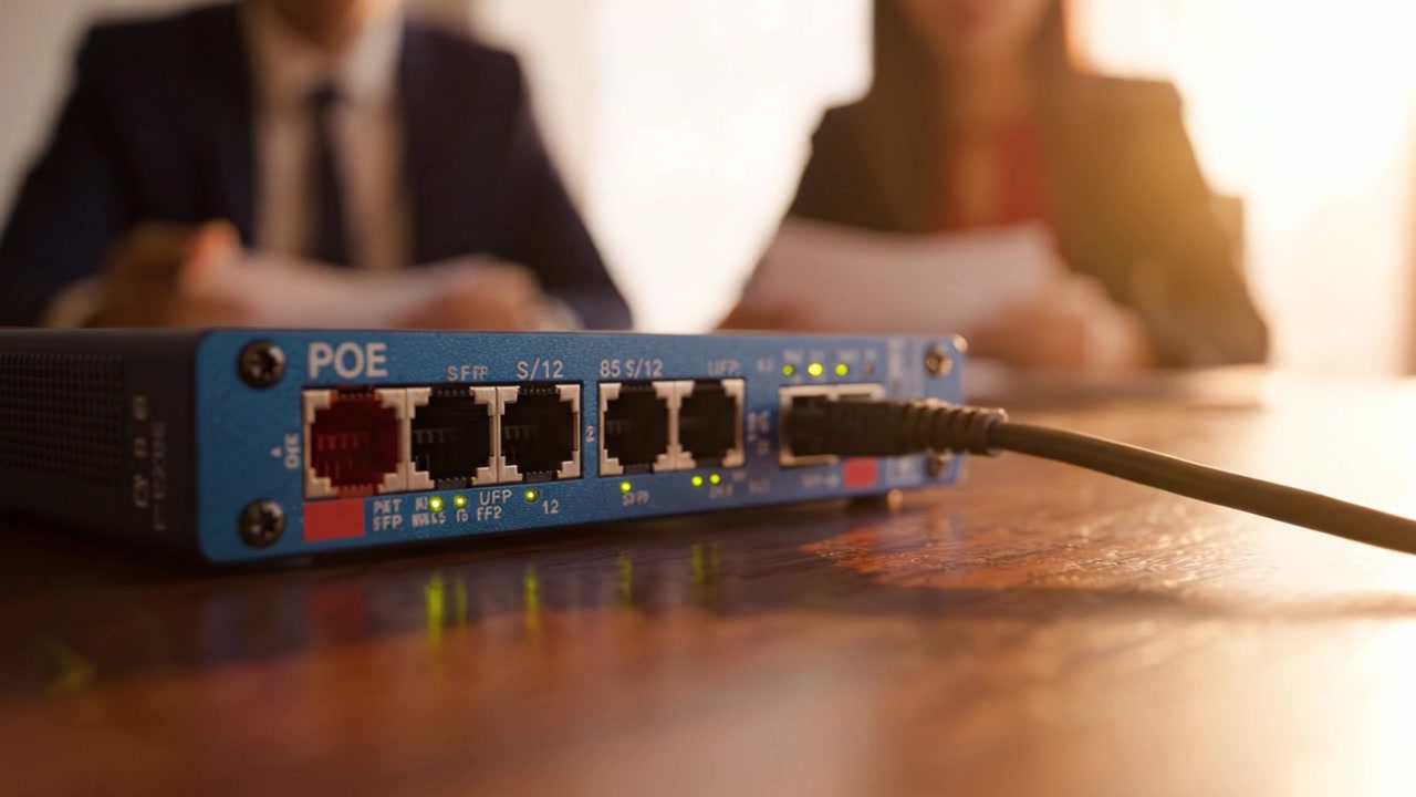 A Professional Setup Showcasing a Power Over Ethernet Device During a Business Meeting, Highlighting Connectivity and Networking Technology in Action