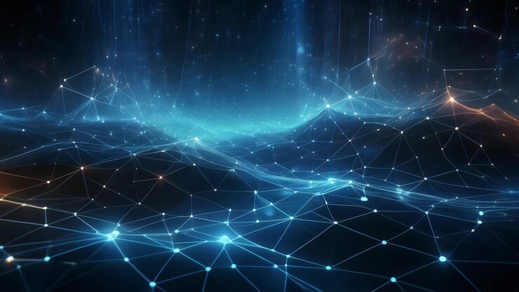 Paesaggio di rete digitale astratto con nodi e connessioni luminosi