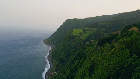 cloudy seashore landscape aerial shot. stunning untouched volcanic island coast.