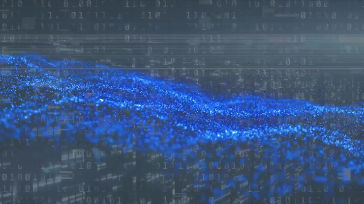 Animazione di interferenze e punti luce su elaborazione dati su sfondo nero.