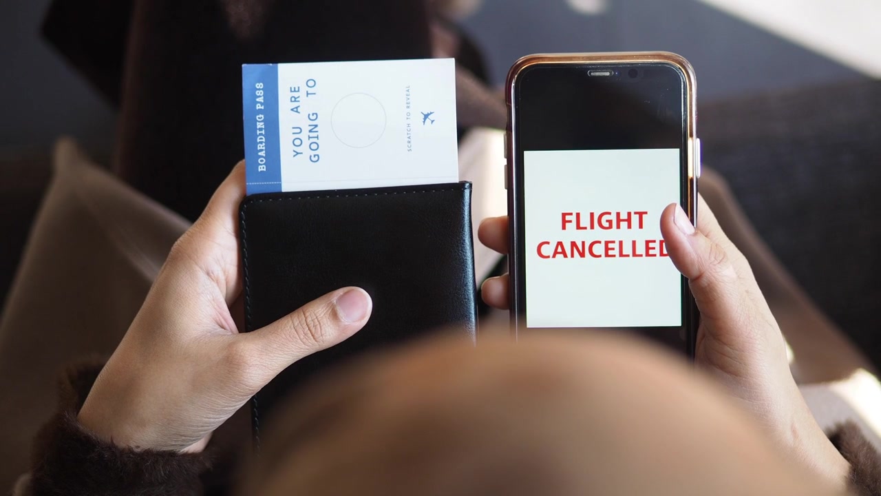 Traveler Holding Boarding Pass and Smartphone with Flight Cancelled Notification