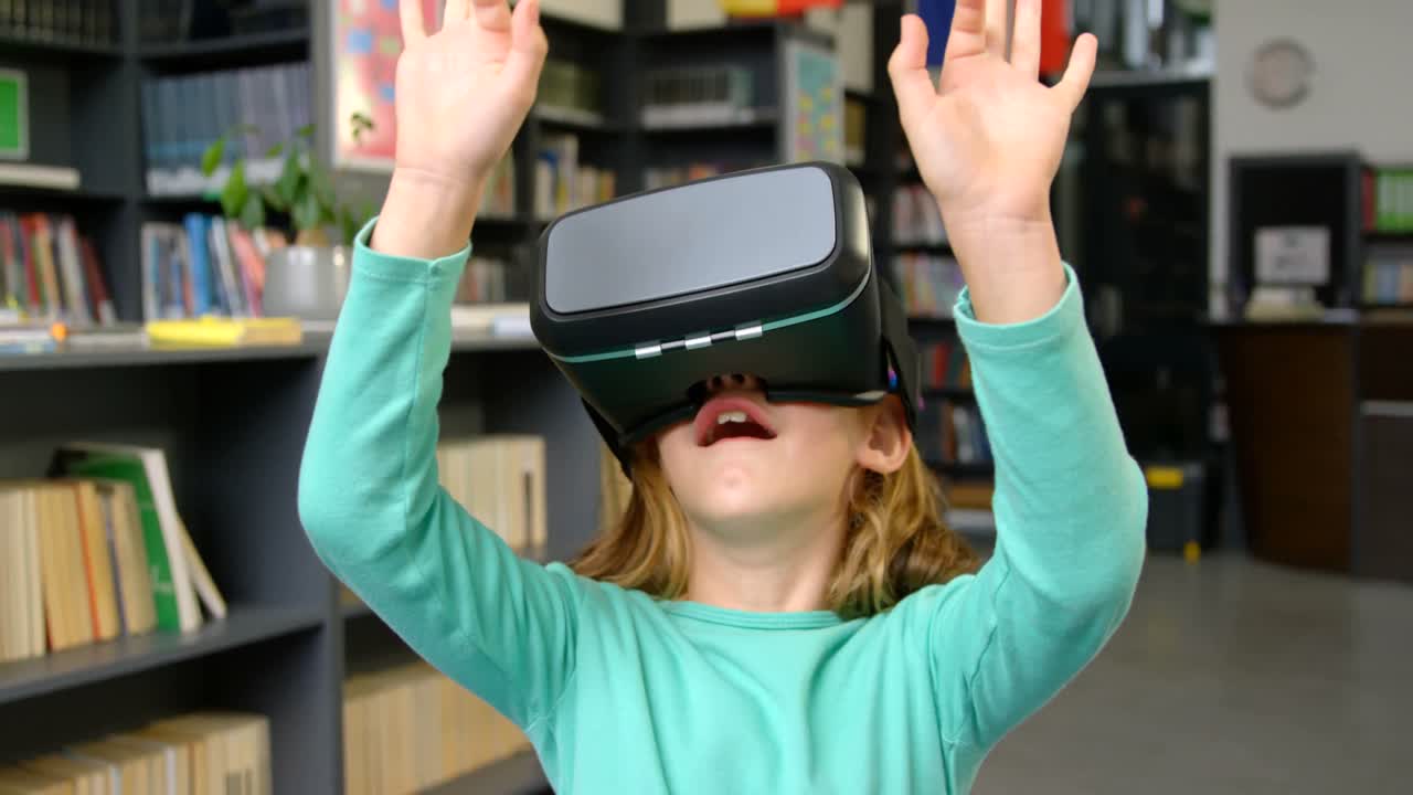 Front view of Caucasian schoolgirl using virtual reality headset in library at school 4k