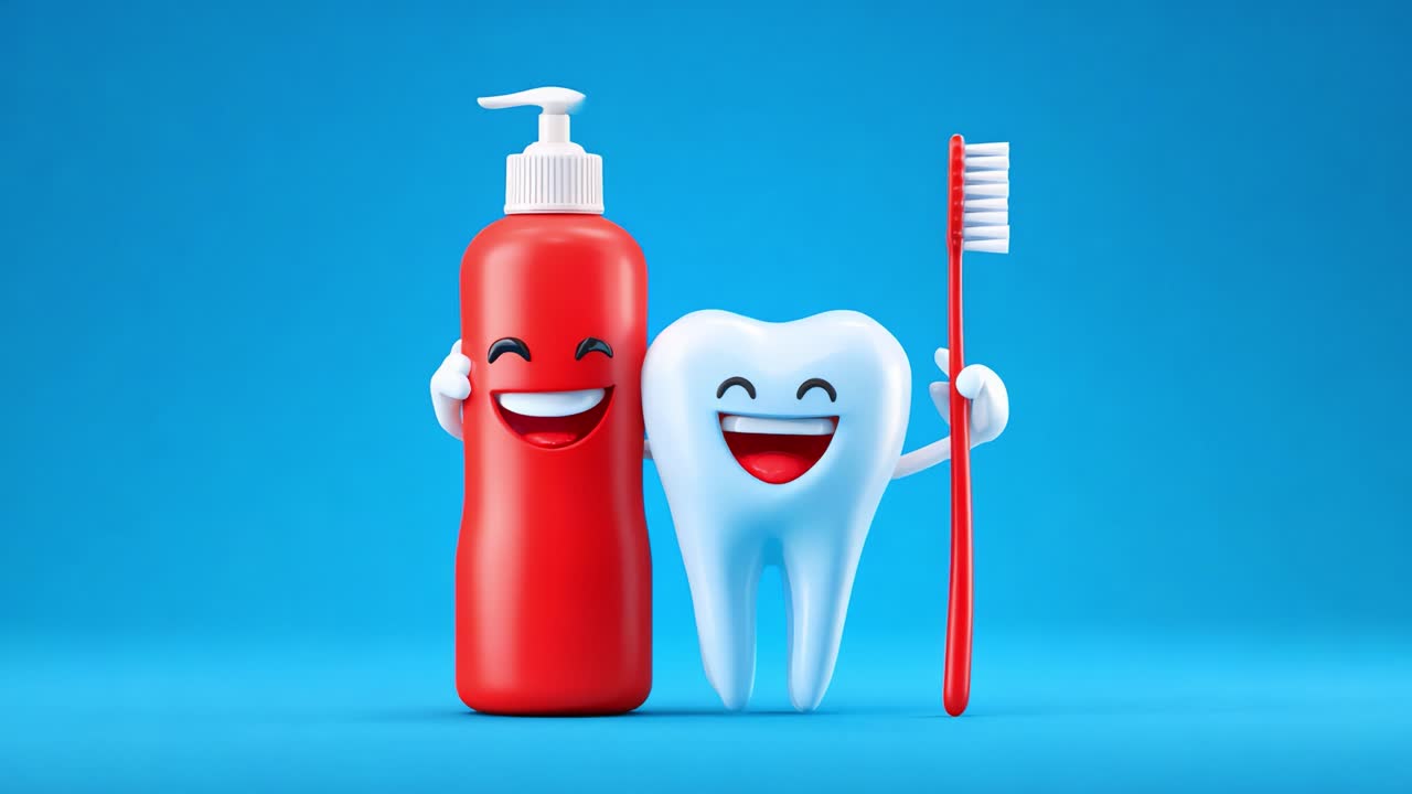 Whimsical Characters Promoting Dental Hygiene: A Tooth and Toothpaste Companion with Bright Smiles Against a Vivid Blue Background, Emphasizing the Importance of Oral Care in a Fun Way