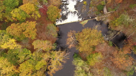 A-top-down-shot-directly-above-a-lake---waterfall,-surrounded-by-colorful-fall-foliage-in-upstate-NY