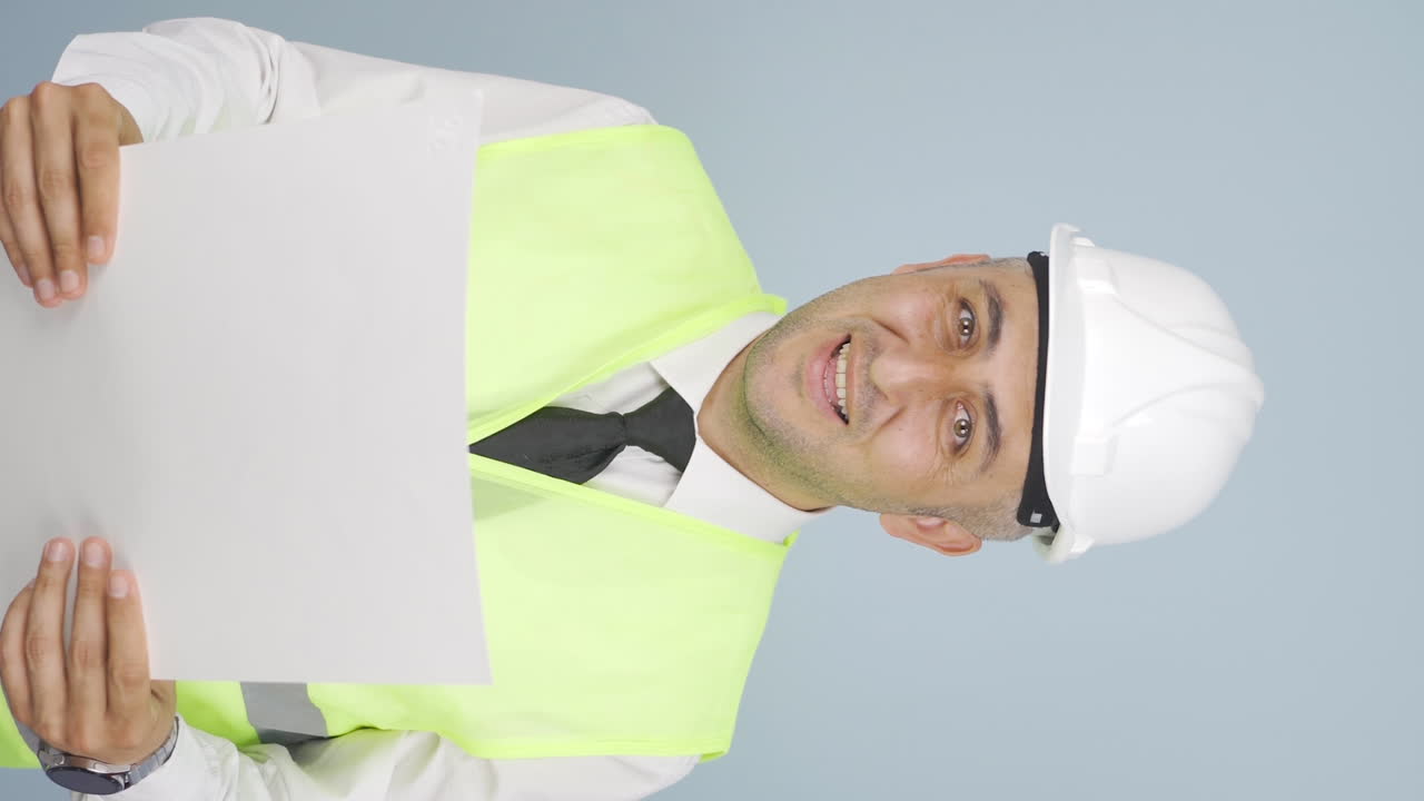 el video vertical del ingeniero sosteniendo el proyecto se ríe.