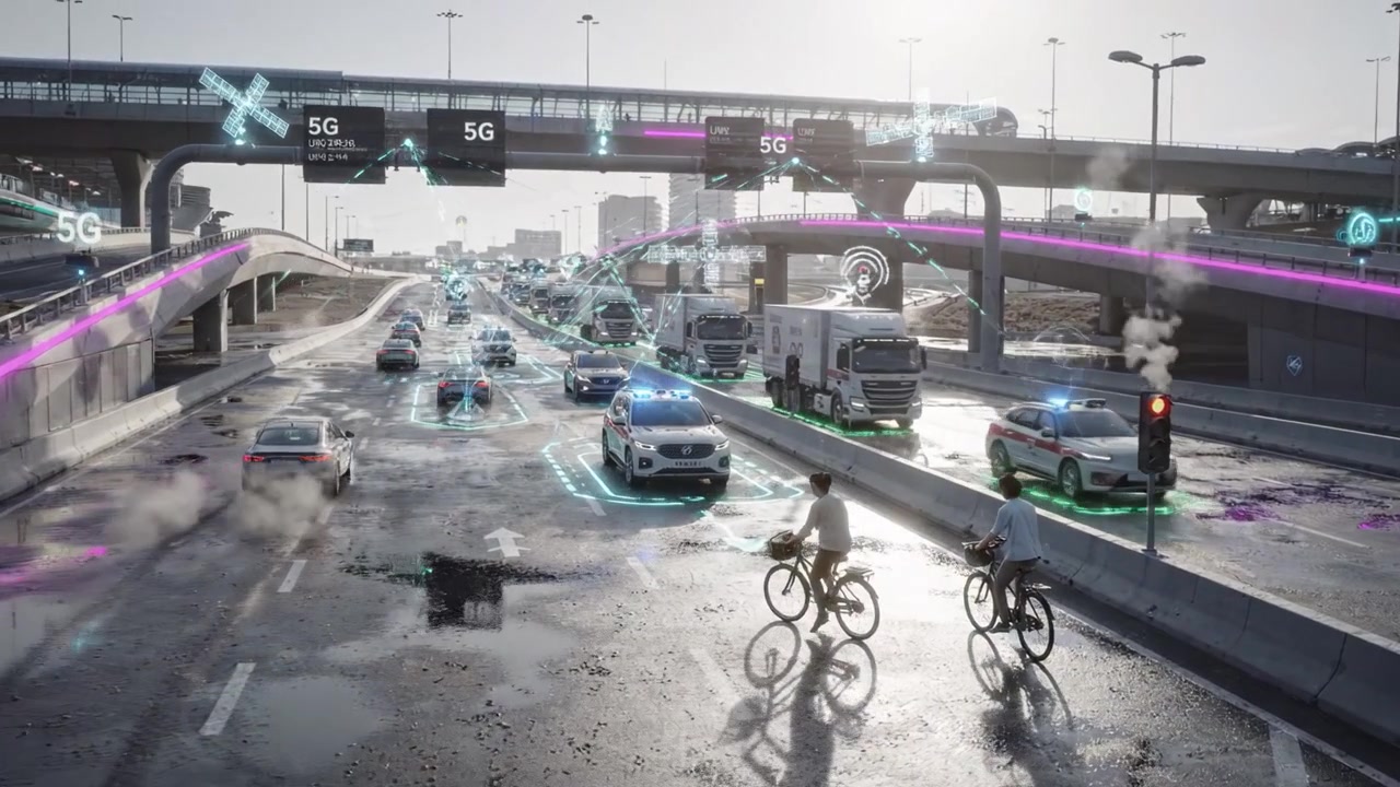 Futuristic Urban Traffic Scene with Autonomous Vehicles and Smart City Technology: Innovations in Urban Mobility Featuring Connectivity and Enhanced Infrastructure