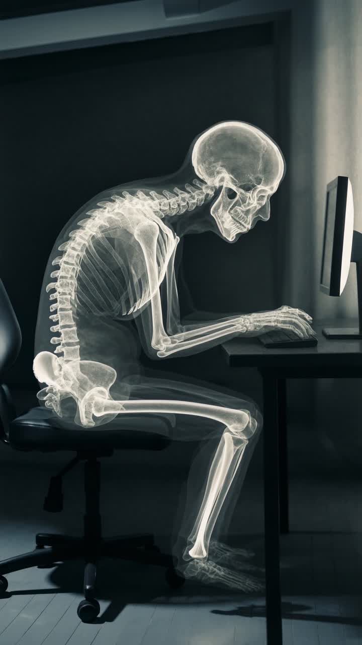 X-ray sequence of skeletal figure engaged in focused computer work with visible posture changes