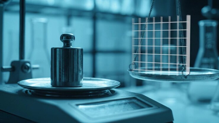 Precision Weight Measurement in a Laboratory Setting, Showcasing a Balance Scale with Grids and Weights for Accurate Quantification of Substances