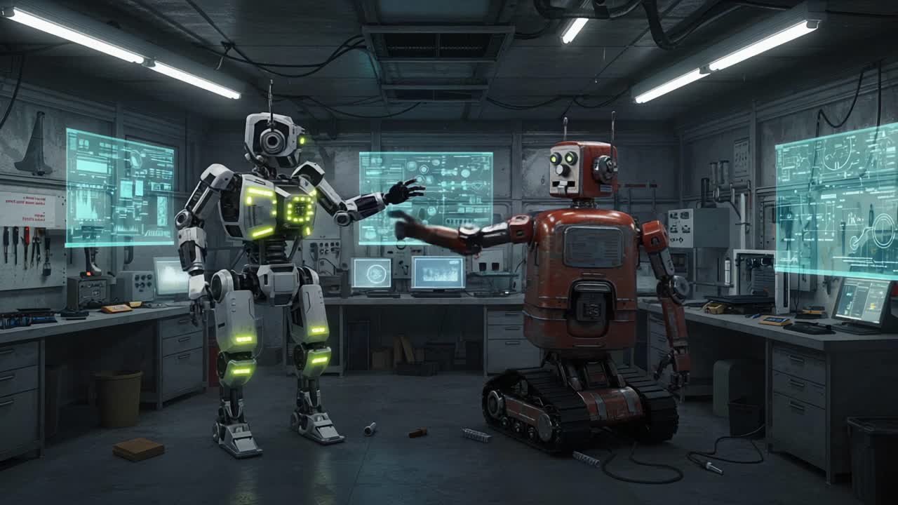 Exploring the Future of Robotics: Two Distinctively Designed Robots Interact in a High-Tech Laboratory Environment Surrounded by Advanced Technology and Data Displays