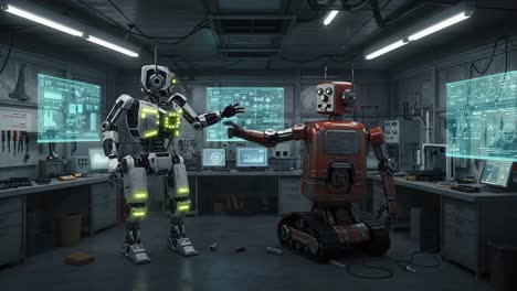 exploring the future of robotics: two distinctively designed robots interact in a high-tech laboratory environment surrounded by advanced technology and data displays
