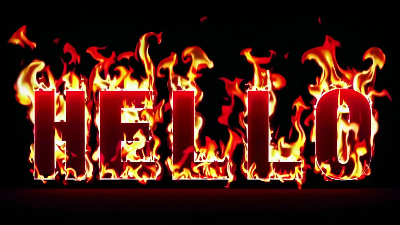Bold text 'HELLO' engulfed in flames against a black background, captured from a straight-on angle