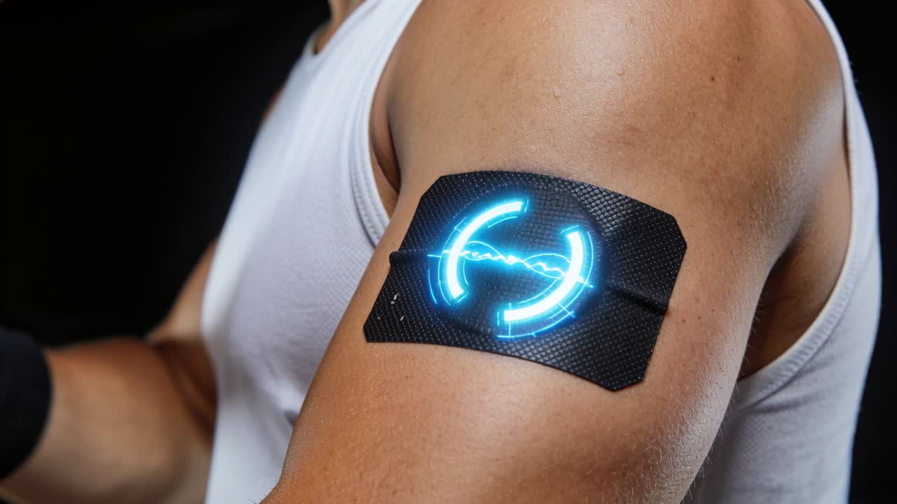 Pressing man wearing tank activating black patch on upper arm in studio, demoing blue projection