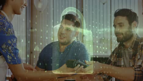 animation of network security padlock over people using payment terminal