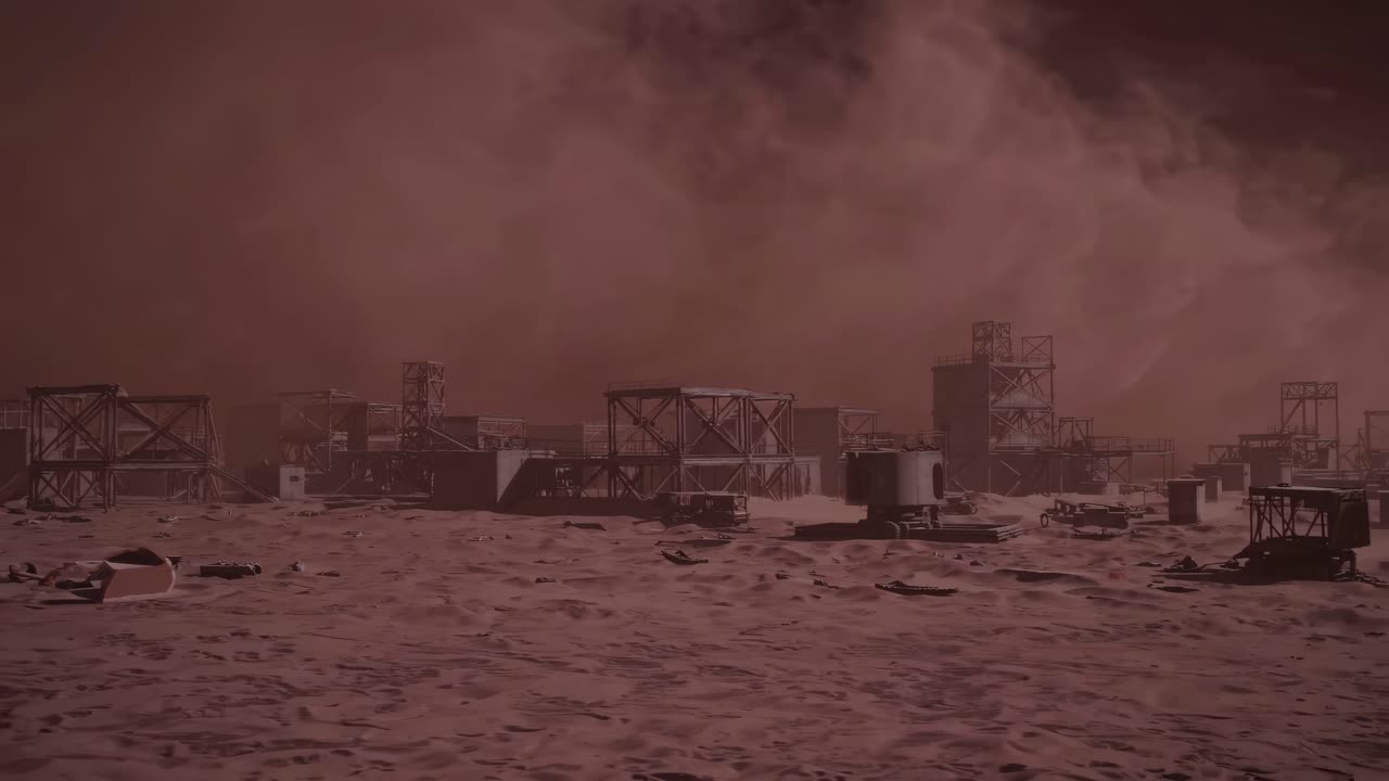 Fabbrica marziana abbandonata in una tempesta di sabbia