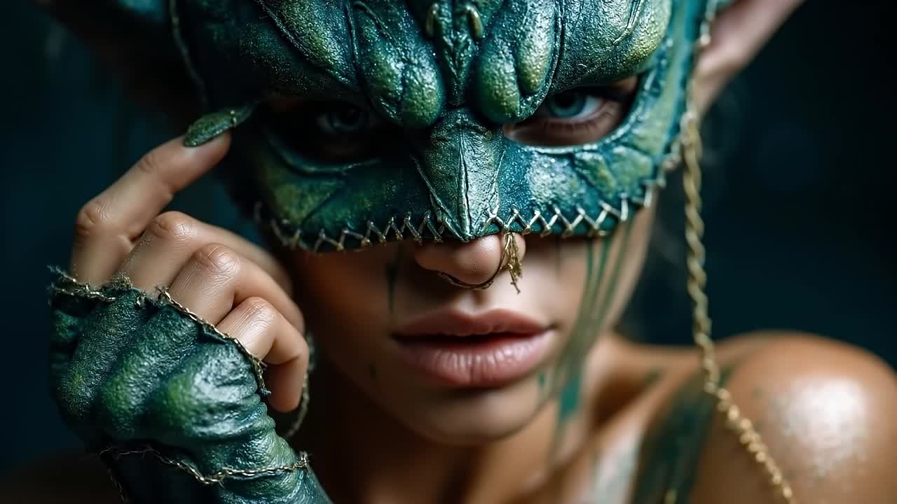 A woman wearing a green dragon mask and gloves